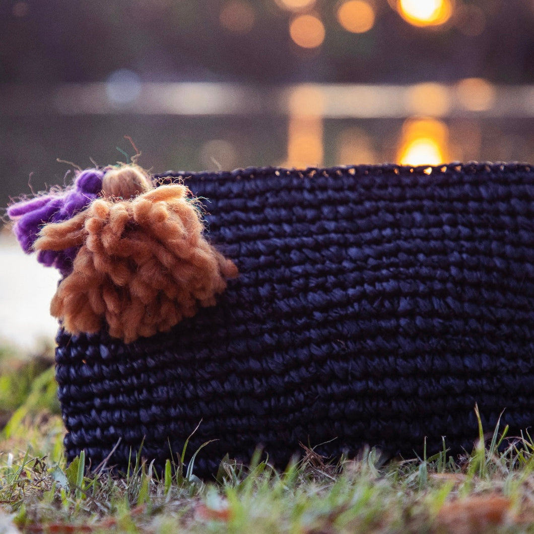Raffia Clutch with zipper Medium, Black
